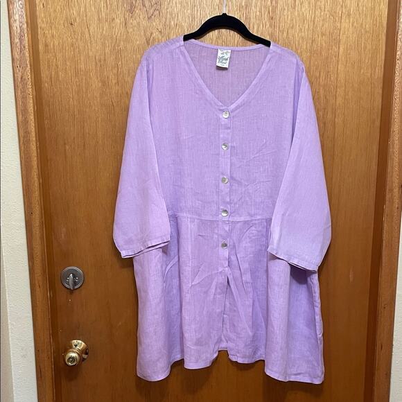 Match Point Pure Linen Lavender Button-Down Lagenlook Tunic. XL - Picture 1 of 4
